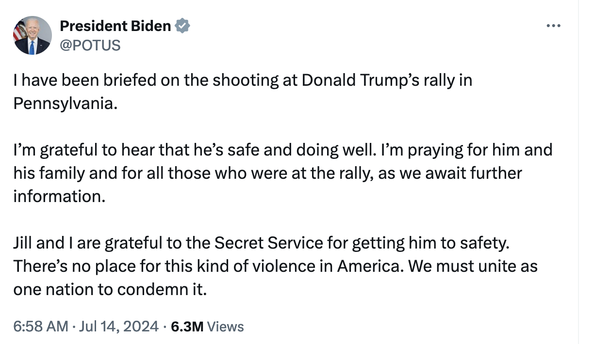 Tổng thống Mỹ Joe Biden lên tiếng về vụ nổ súng ở Pennsylvania khiến ông Trump bị thương